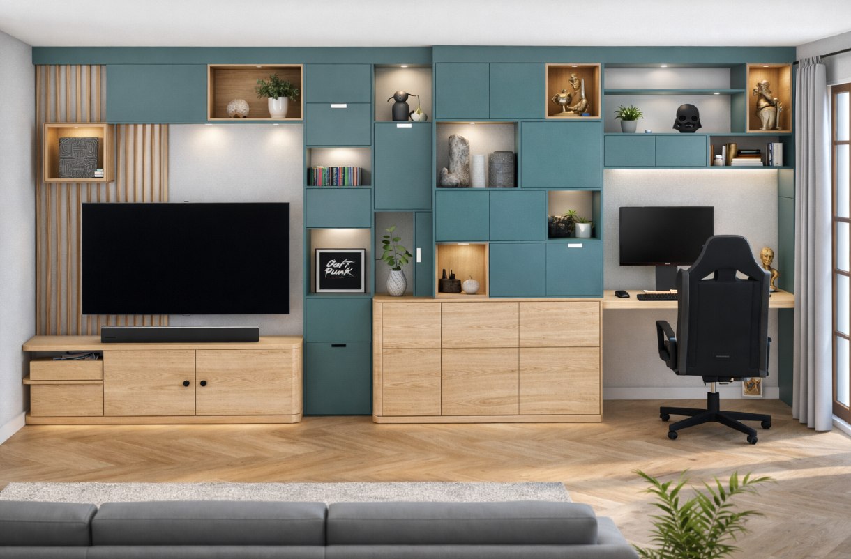 Bibliothèque, meuble TV et bureau sur-mesure intégrés dans un salon