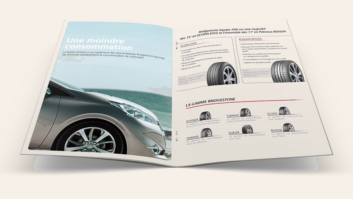 Double page intérieure d'une brochure Bridgestone, présentation produit avec une berline en bord de mer