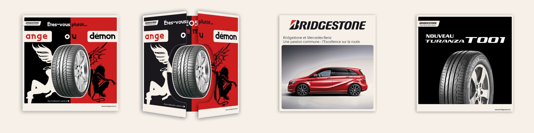 Aperçu des supports Bridgestone : PLV « Ange ou démon », publicité Bridgestone × Mercedes-Benz et affiche Turanza T001