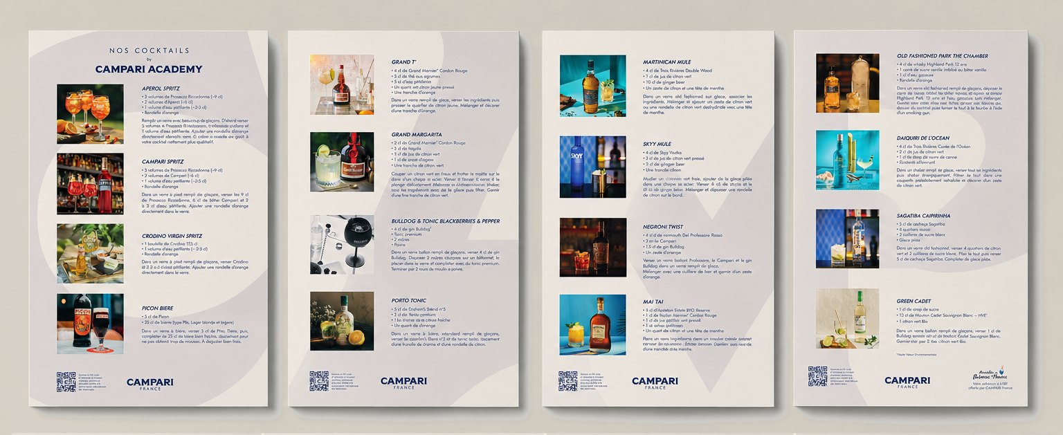 Planche des fiches recettes Campari Academy, vue d'ensemble