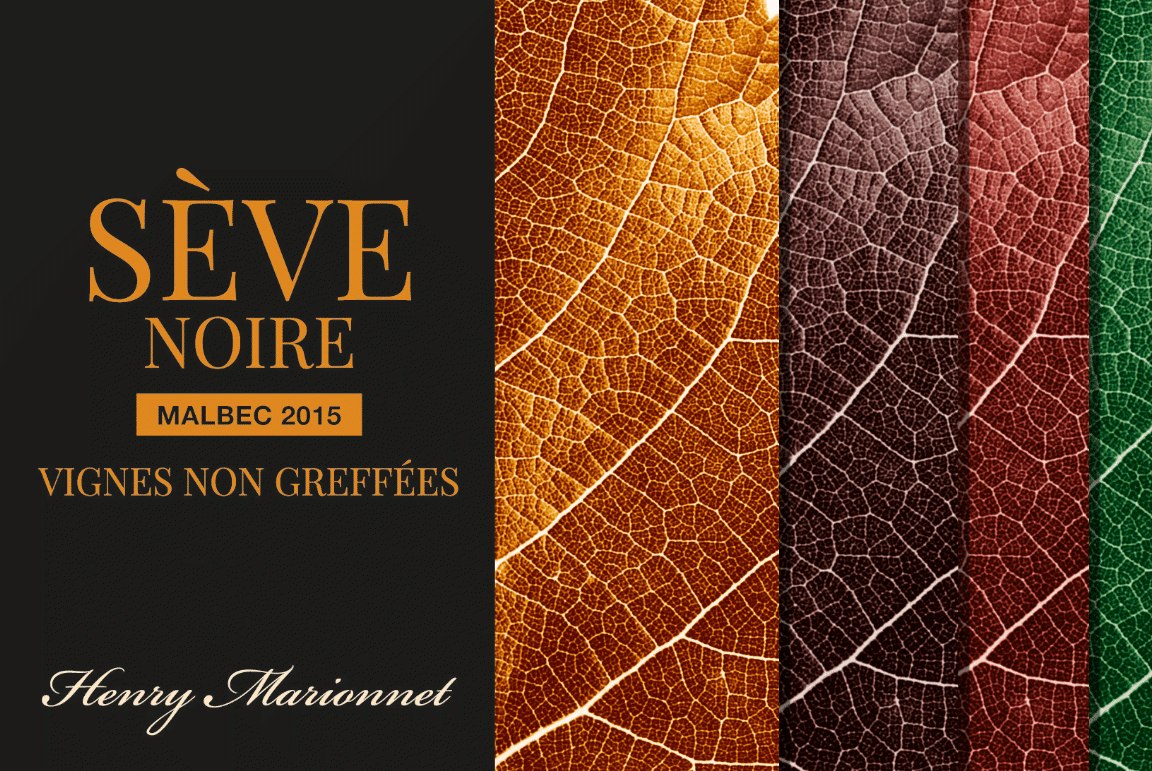 Étiquette Henry Marionnet Sève Noire et déclinaisons du motif de feuille de vigne par cuvée