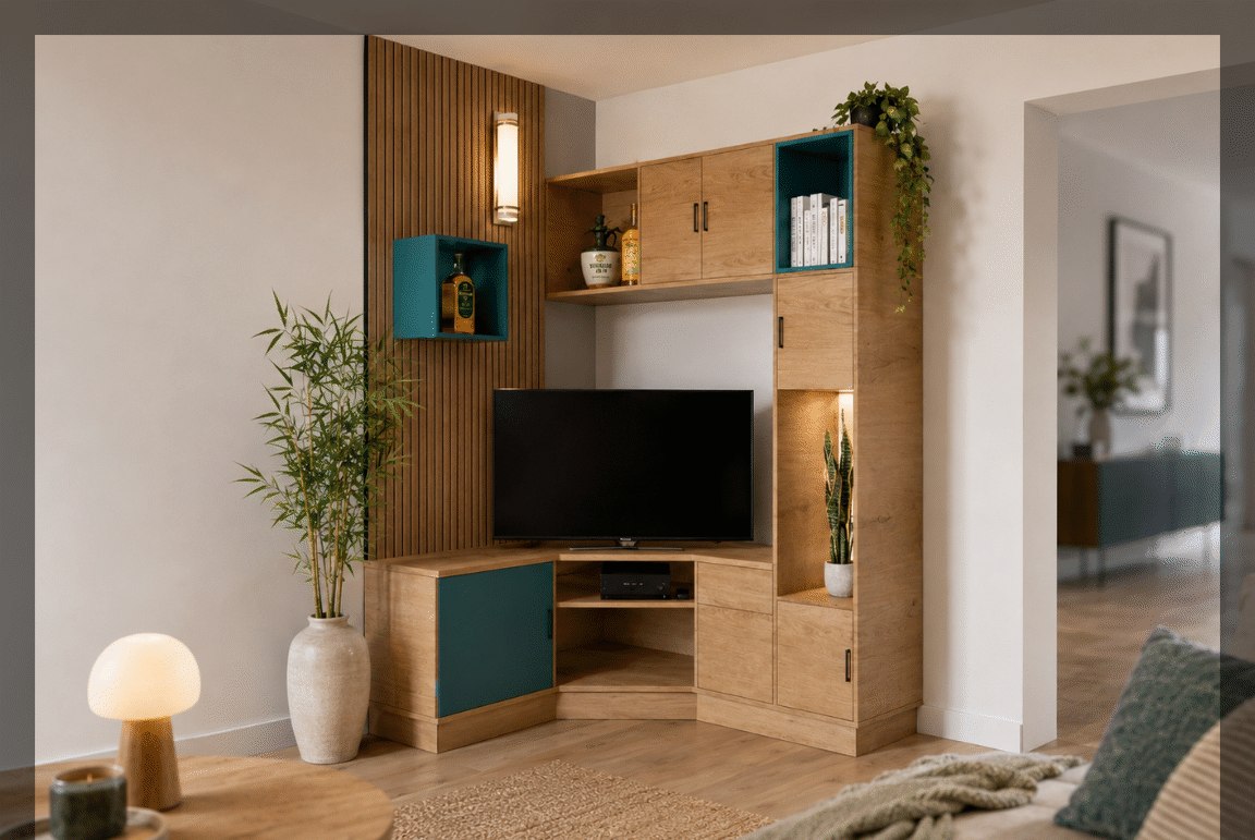 Meuble TV d'angle sur-mesure en bois et façades bleu canard, vue d'ensemble