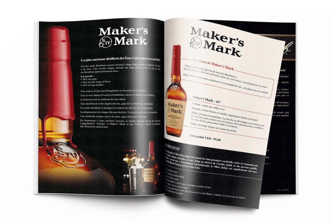 Double page de brochure Maker's Mark, argumentaire de dégustation