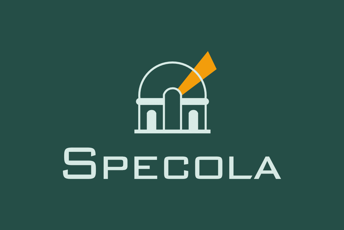 Logo Specola : coupole d'observatoire et télescope, sur fond vert