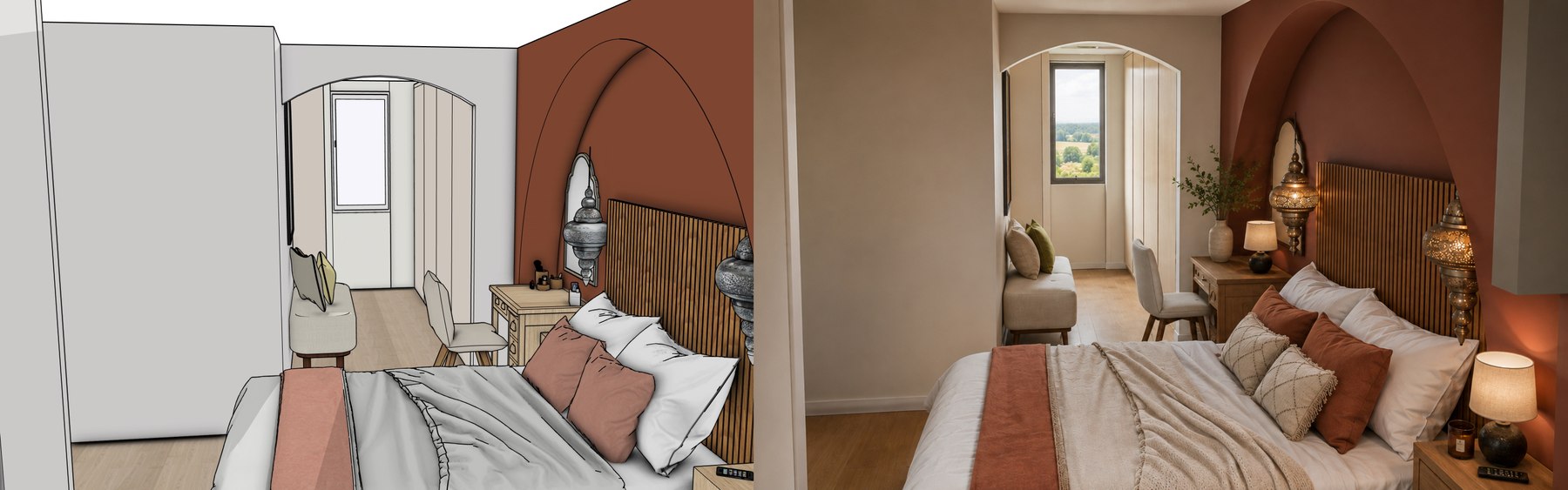 Chambre avec tête de lit cintrée, du croquis d'étude au rendu 3D final