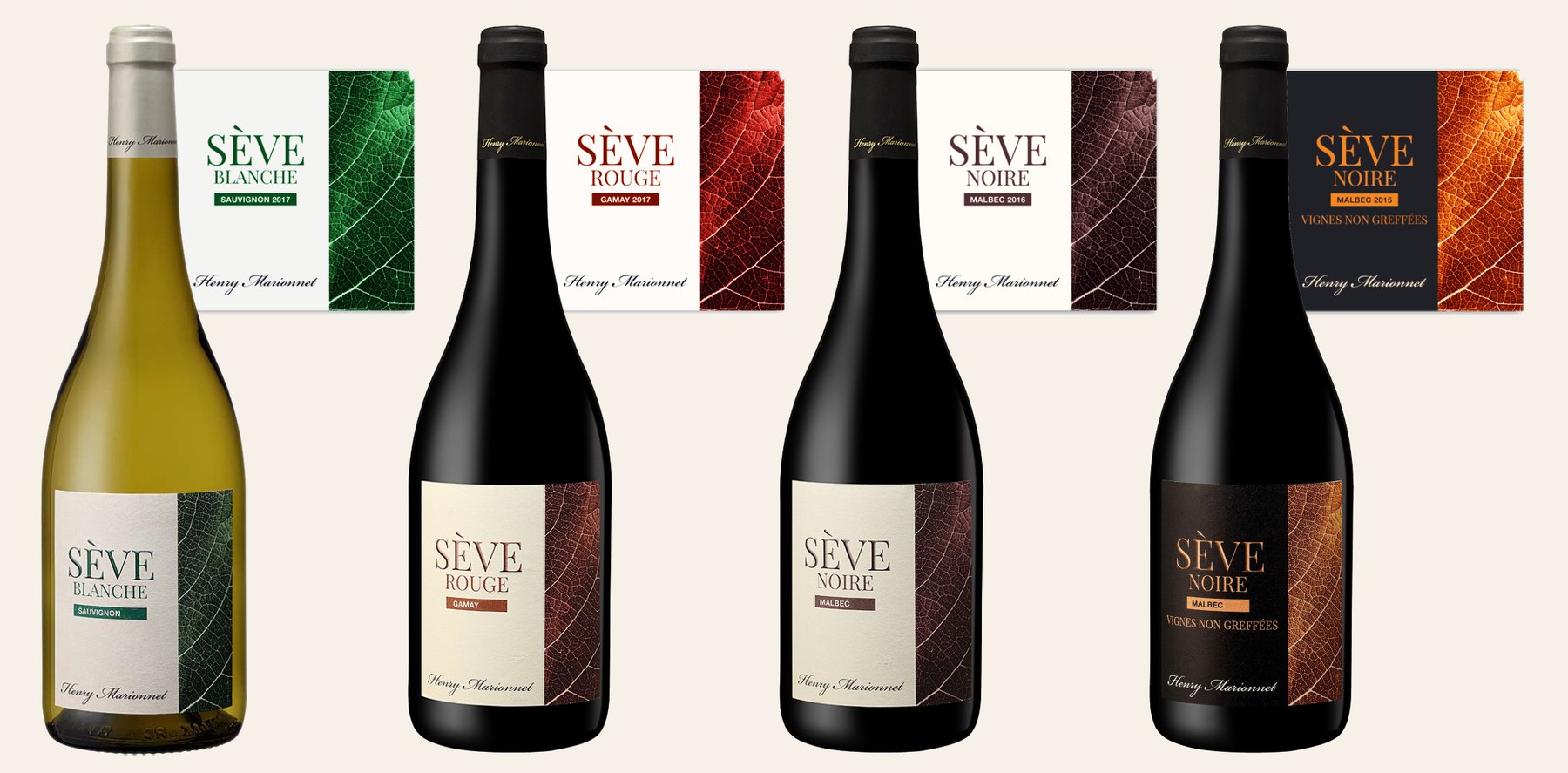 Les quatre cuvées Henry Marionnet Sève et leurs étiquettes, vue d'ensemble