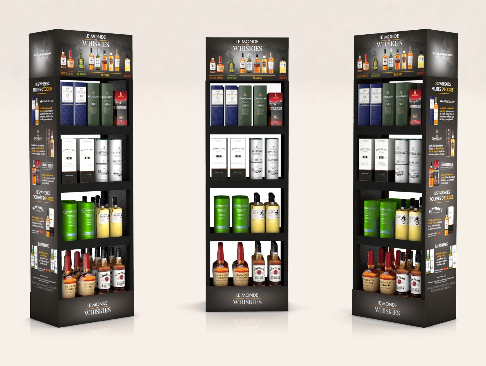 Meuble de merchandising Le Monde des Whiskies présentant plusieurs marques